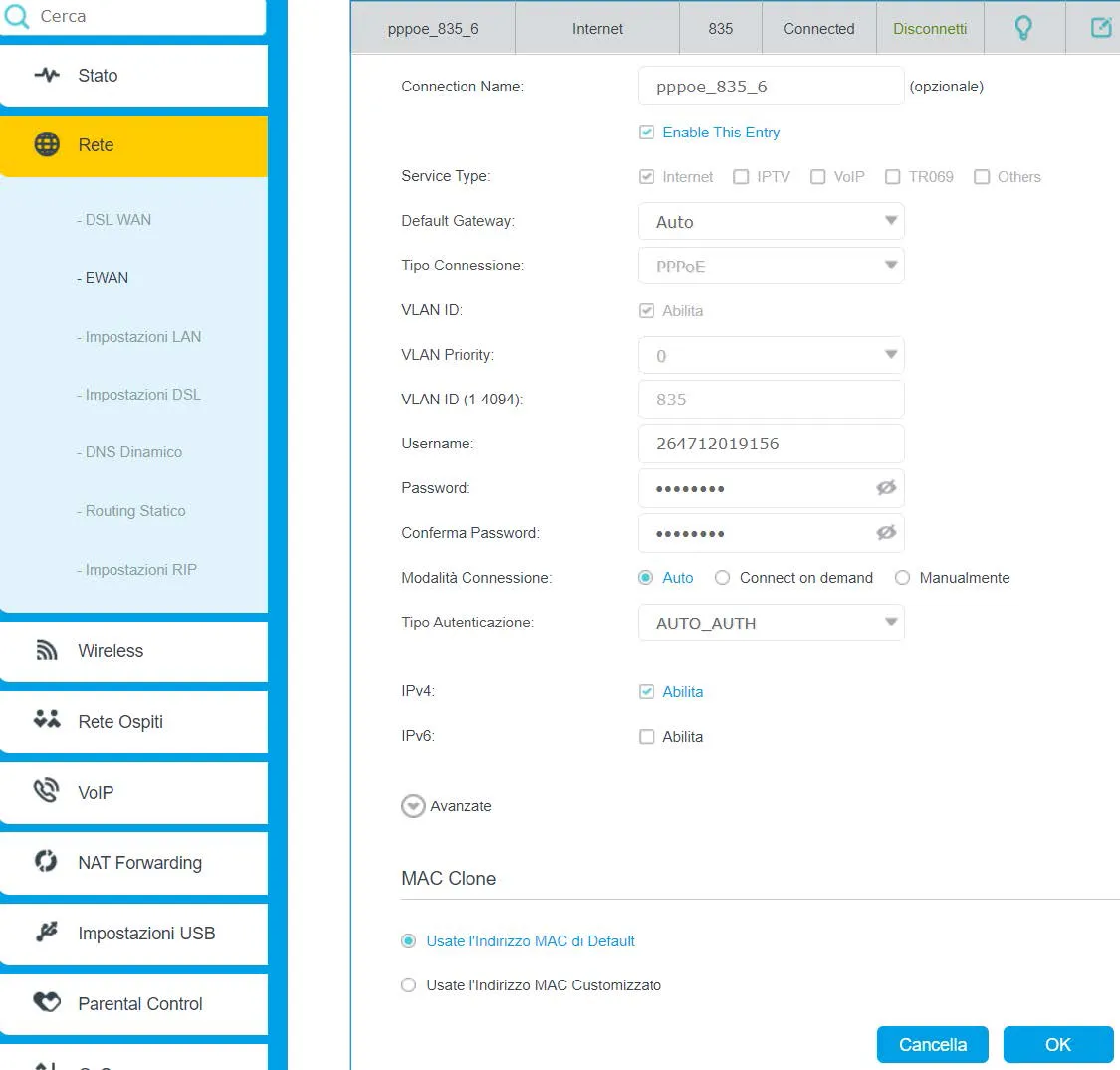 Interfaccia WAN Router TP-LINK